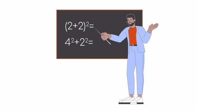 African american male math teacher line 2D character animation. Mathematics professor flat color cartoon 4K video, alpha channel. Black man pointing blackboard animated person on white background