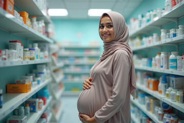 photo of pregnant woman with medicine shelf at room in clinic hospital, generative AI