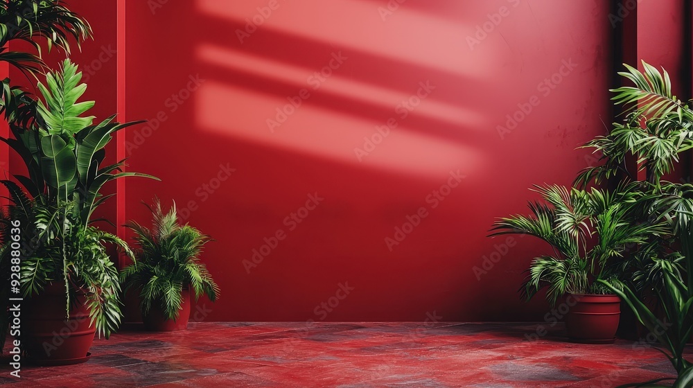 Poster lush green plants are positioned near a striking red wall, creating a warm and inviting atmosphere i