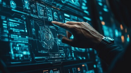 Obraz premium Using a cybersecurity interface by hand