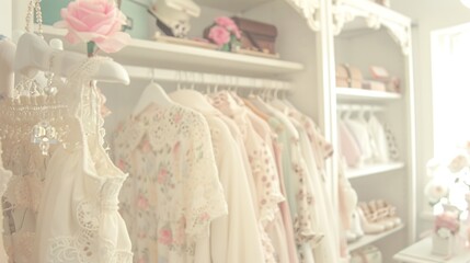   A closet brimming with numerous garments, adorned with a vibrant pink blossom atop a pristine white perch beside the window