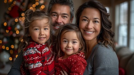 Fototapeta premium A warm holiday portrait of a family dressed in coordinating festive outfits, standing together in front of a beautifully decorated Christmas tree, with twinkling lights and ornaments,