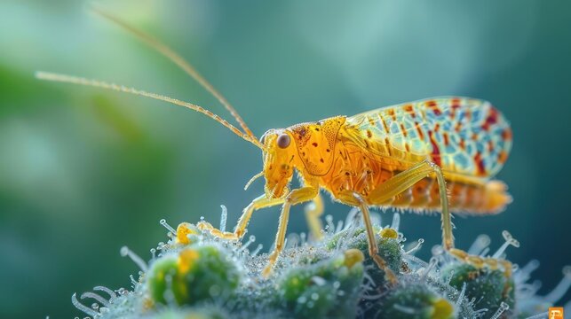 A close-up photo of a vibrant yellow and brown flower bug with blue spots feeding on another insect.