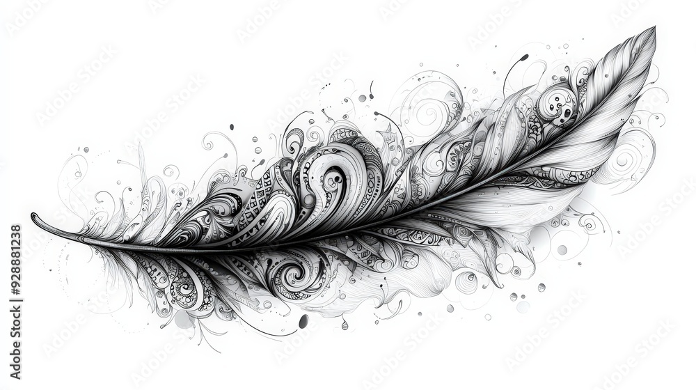 Poster An elegant feather adorned with swirling patterns, showcasing fine details and artistry against a soft background