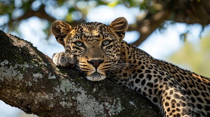 Fototapeta premium Regal Leopard Resting in Tree, Majestic Wildcat Relaxing in Natural Habitat