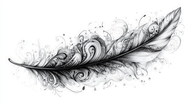 An elegant feather adorned with swirling patterns, showcasing fine details and artistry against a soft background