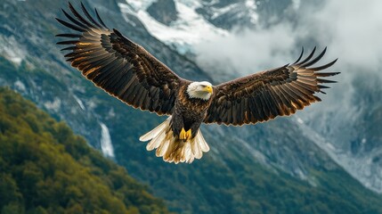Naklejka premium Majestic Bald Eagle Soaring High in Flight with Majestic Mountain Range in Background