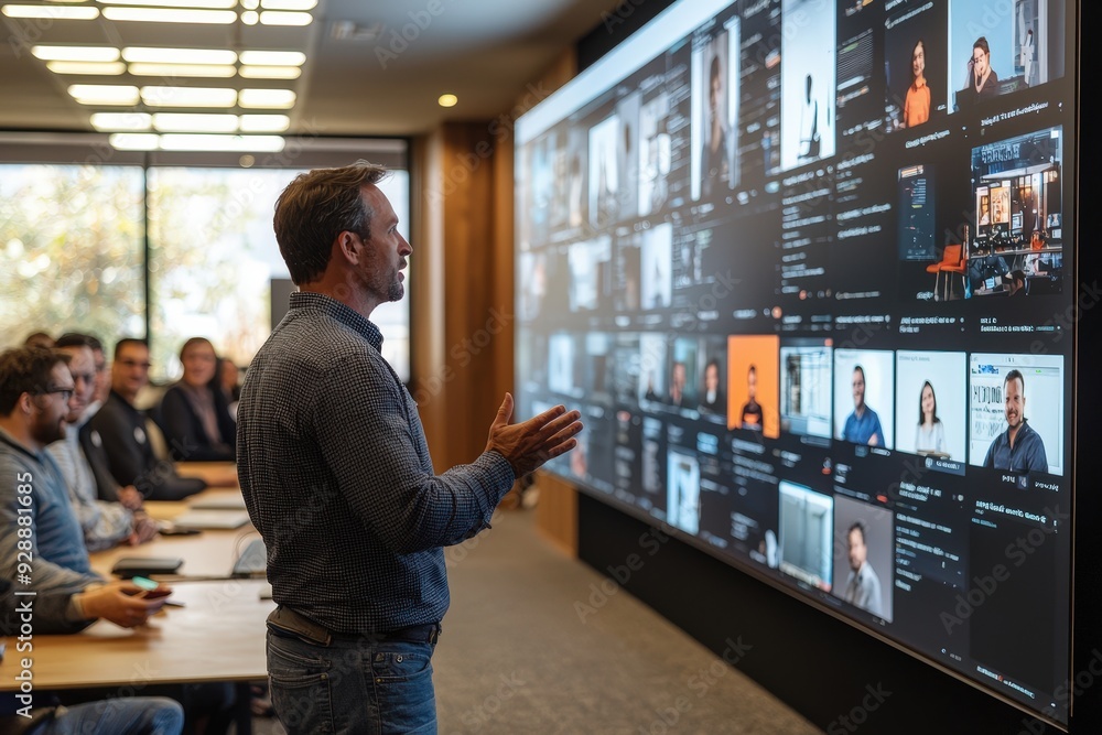 Poster A man stands in front of a large screen, presenting to a group of attendees seated at a long table in a bright, modern conference room