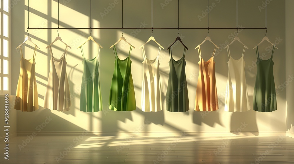 Poster a row of dresses hangs in front of a window with sunlight filtering through and casting shadows on t