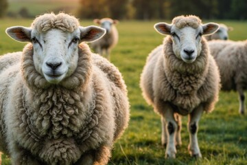 Fototapeta premium Sheeps in a meadow on green grass at sunset
