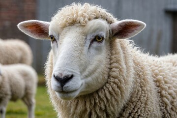 A white sheep, face only, chewing, looking at camera, isolated, against white  background, copy space, clean edit,