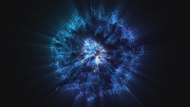 Abstract blue sphere of energy with magical glowing particles on a black background and a light core in the center, video in 4K