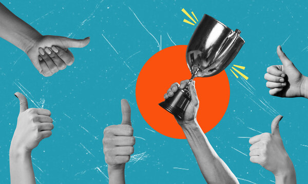 Contemporary art collage showing a hand holding a trophy and approving hands showing a thumbs up.