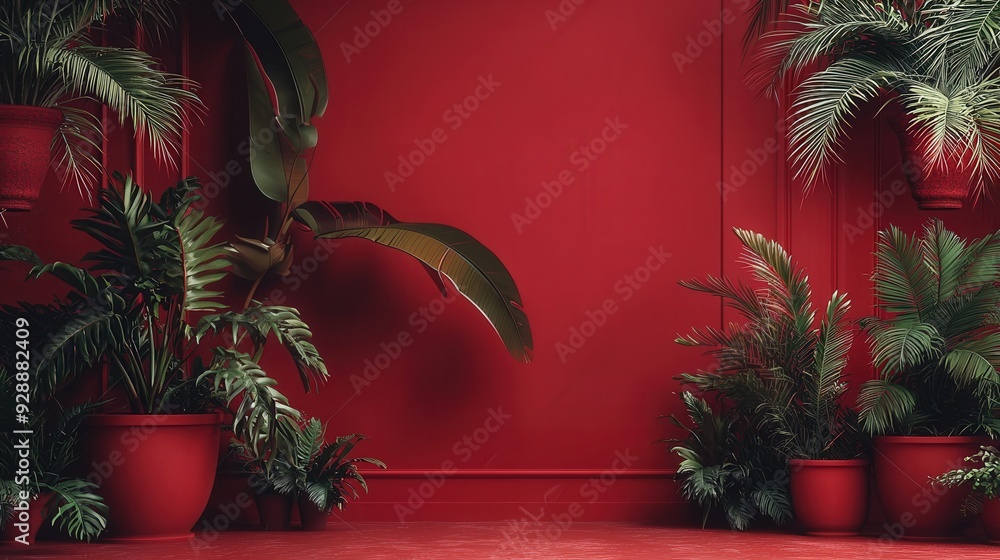 Poster a vibrant indoor setting features various green plants in red pots, creating a striking contrast aga