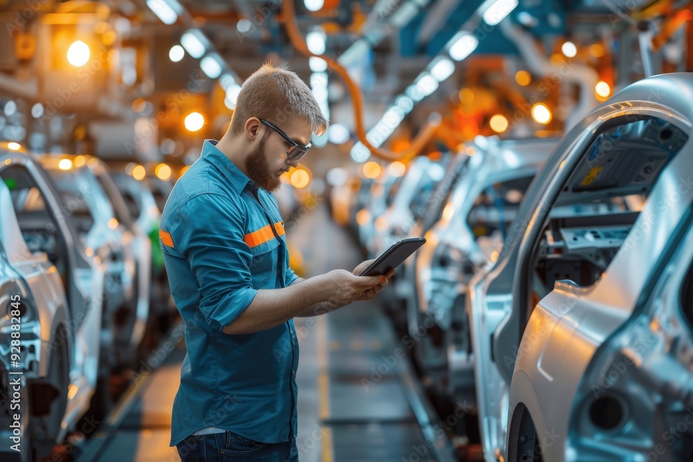 Aufkleber a worker checks specifications on a tablet while surrounded by partially assembled cars in a manufac