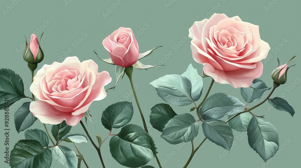 Poster three pink roses in various stages of bloom display their delicate petals and lush green leaves agai