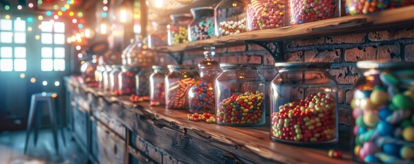 Old-fashioned candy store with jars of sweets, 4K hyperrealistic photo