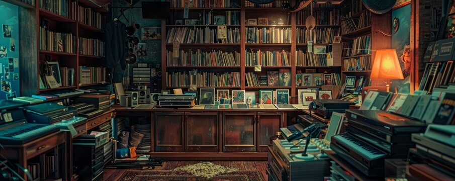 Old-fashioned record store with vinyls, 4K hyperrealistic photo