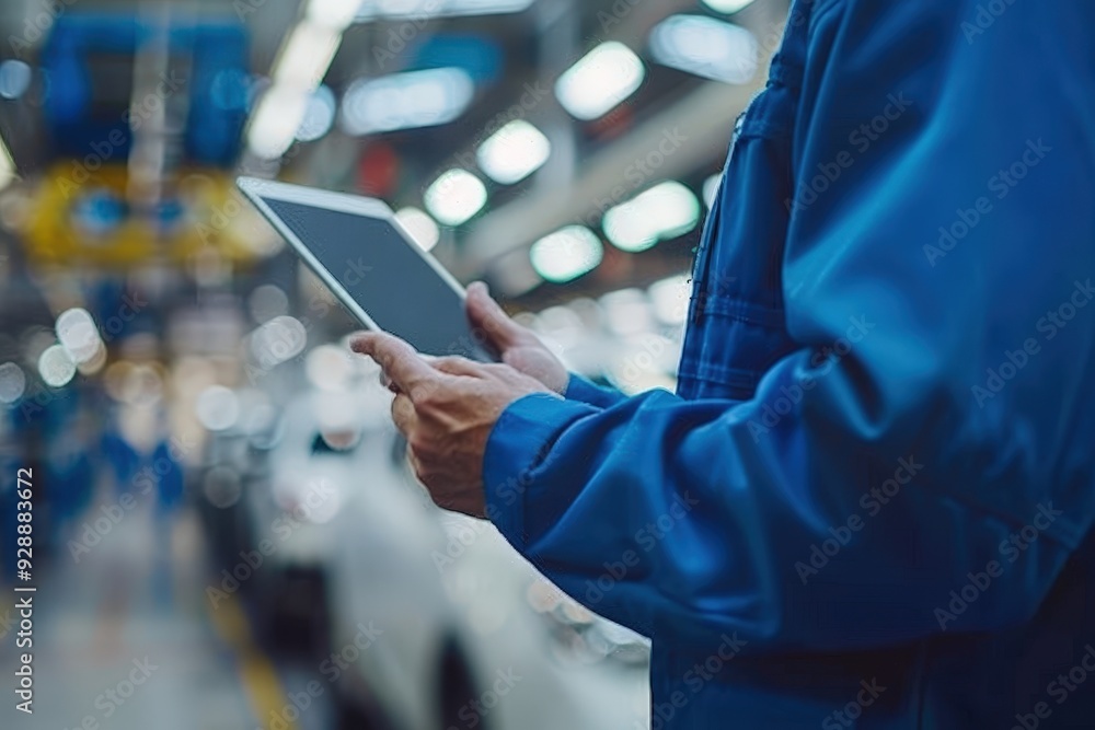 Poster A worker in a blue uniform interacts with a tablet while overseeing automobile production in a bright assembly line