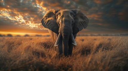 Fototapeta premium A majestic elephant strides through a dry grass field under an orange and purple sky,