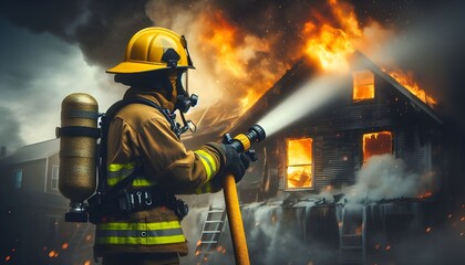 Brave Firefighter Battling Intense House Fire 