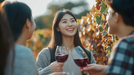A group of friends shares laughter and wine amidst the vibrant vineyard setting