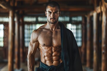 Intense Martial Artist Posing in Traditional Dojo Setting