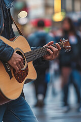 Naklejka premium Street musician playing a guitar on a busy pedestrian avenue, people passing by, city noise in the background