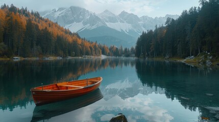 Obraz premium Boat on a lake surrounded by mountains