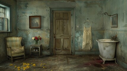   A spacious room boasts a bathtub, comfy chair, and an exquisite painting of a woman's elegant dress adorning the door