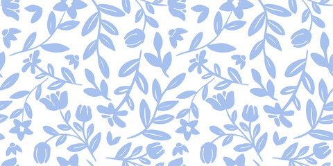 Background with blue flowers and branches, floral seamless pattern