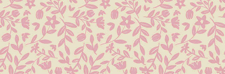 Background with pink flowers and branches, floral seamless pattern	