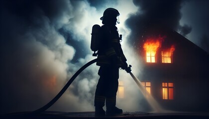 Firefighter Battling a House Fire with Intense Flames and Smoke. The image captures bravery and the dangerous nature of firefighting with smoke and intense flames.  