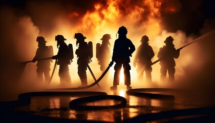 Brave Firefighters Battling Intense Flames in a Dramatic Scene. Silhouetted firefighters combat a fierce blaze, highlighting bravery and teamwork against a fiery backdrop. 