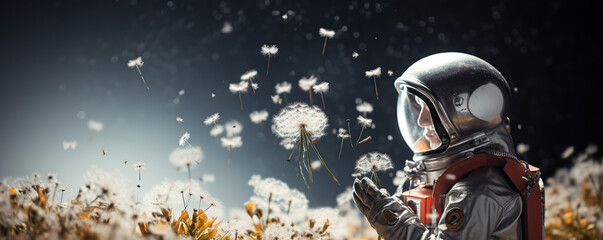 Fototapeta premium Astronaut holding dandelions in a cosmic landscape during a serene exploration