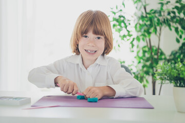 Naklejka premium Portrait of cute charming boy son wearing white shirt making plasticine handiwork hobby time room apartment indoors