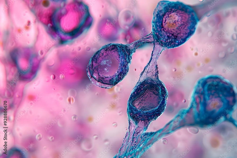 Poster microscopic view of colorful cells and structures in a vibrant background