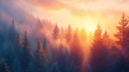 Misty sunrise in the mountain forest trees. Morning in the natural forest environment, autumn leaves scenery, mysterious rural forest sunset, dawn scenery, three-dimensional sunlight