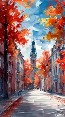 Fototapeta premium Watercolor city and trees illustration poster background
