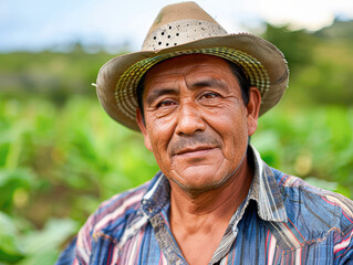 Fototapeta premium A man wearing a straw hat and a blue shirt is smiling