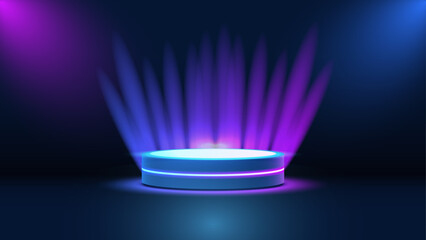 3d stage podium with shining neon light blue and pink background. Stage for awards in modern. Stage lighting art design illustration. Modern dance stage dynamic color washes spotlight effects.