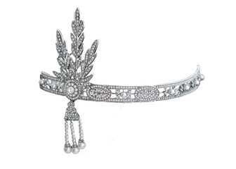 vintage silver headband with crystals and pearls isolated