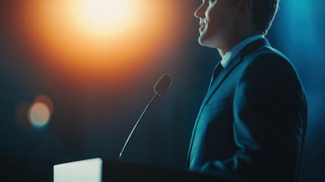 A confident speaker addresses an audience, illuminated by a dramatic spotlight, capturing the essence of impactful communication.