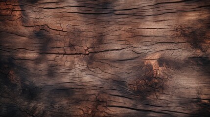 Naklejka premium Closeup of dark brown weathered wooden surface with visible grain and cracks.