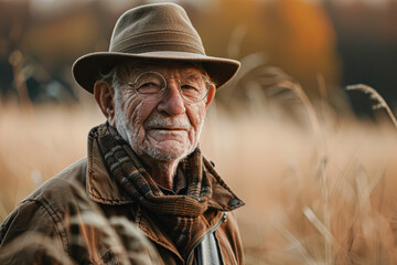 Obraz premium Serene Senior Man Enjoying Autumn Stroll in Rural Countryside