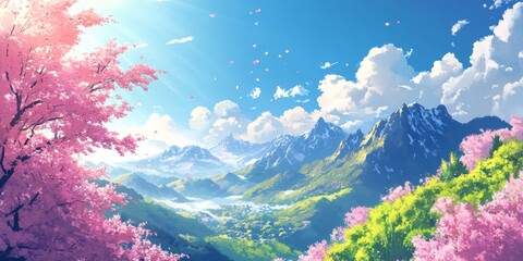 Colorful Tranquility: anime-style Illustration of a Serene Natural Landscape with Mountains, Trees, and Cherry Blossoms under a Sunny Sky,Anime-Style,illustration,Picture BooksFor Poster,Novel,UI,WEB,