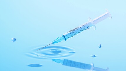 Syringe with needle on light blue background, cosmetology injection concept