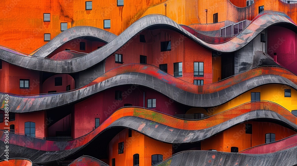 Poster a colorful building with rounded windows and a clock on the roof of one window