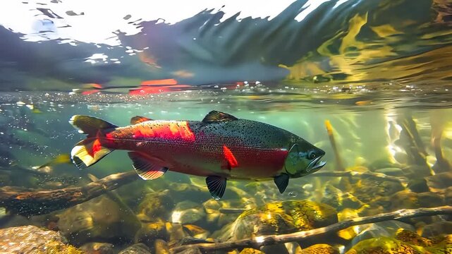 Sockeye salmon swimming upstream spawning