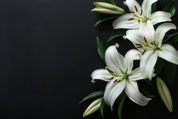 Naklejka premium Condolences card with white lilies on black background, copy space